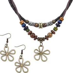 Unisex Bohemian Wood Bead Necklace with Matching Flower Earrings - Chic Style